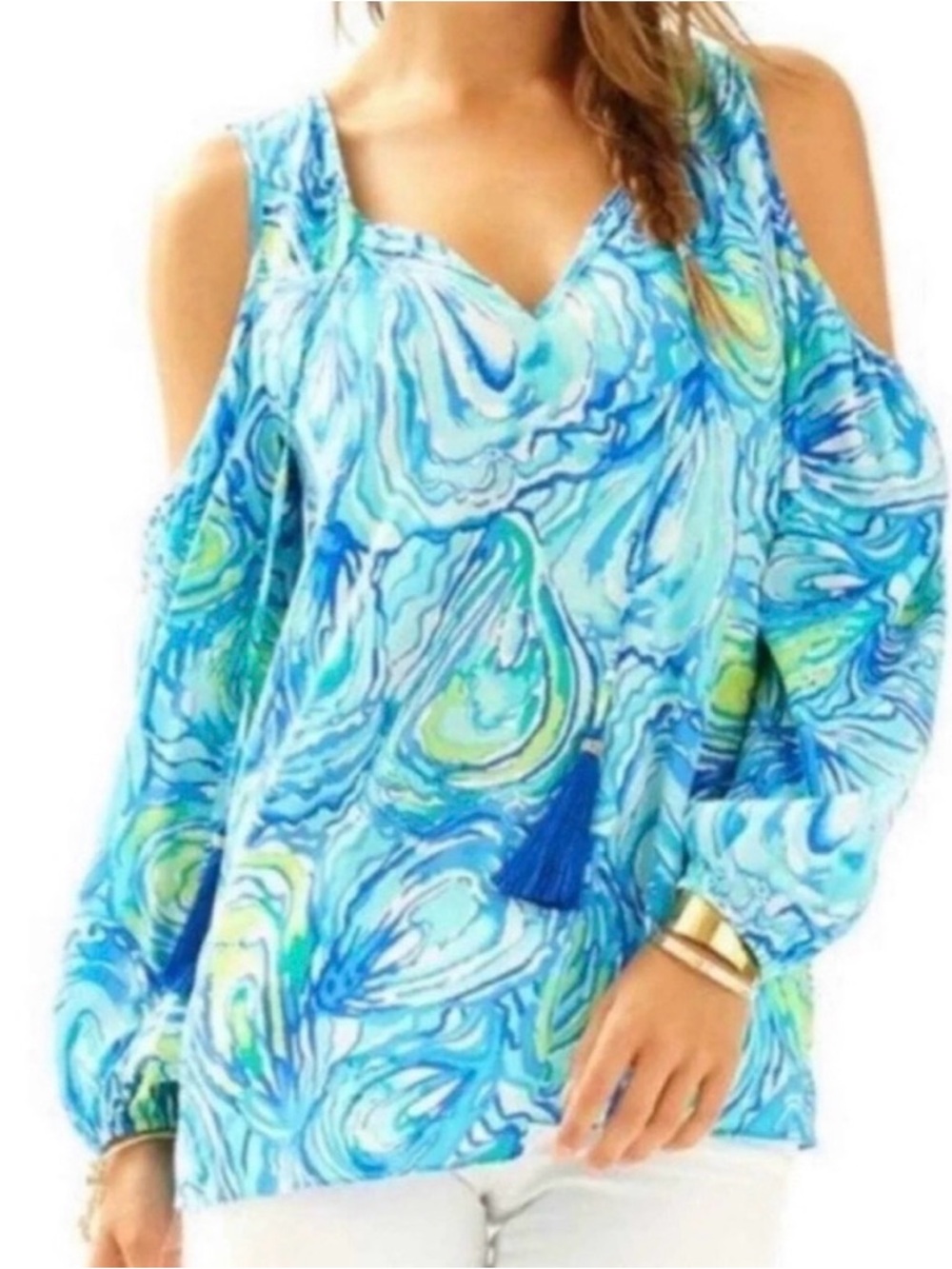 Lilly Pulitzer Blue Green Oyster Print Cold-Shoulder Silk Blouse